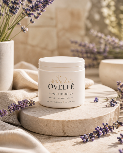 Lavender lotion by Ovellé featuring a sleek bottle with lavender flowers, showcasing a soothing, aromatic skincare product.