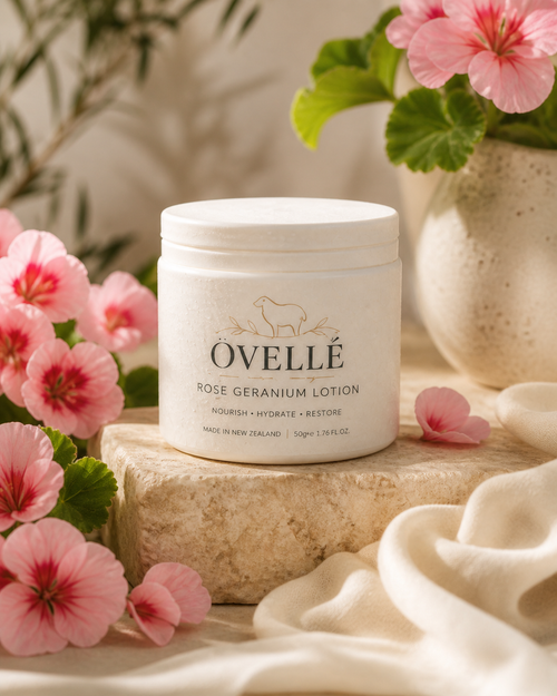 Ovellé Rose Geranium lotion bottle with floral design, showcasing the skincare product in a sleek, elegant container.