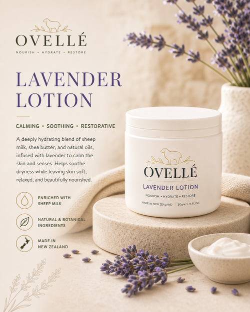 Bottle of Ovellé lavender lotion with a white cap, showcasing the soothing lavender-scented skincare product.