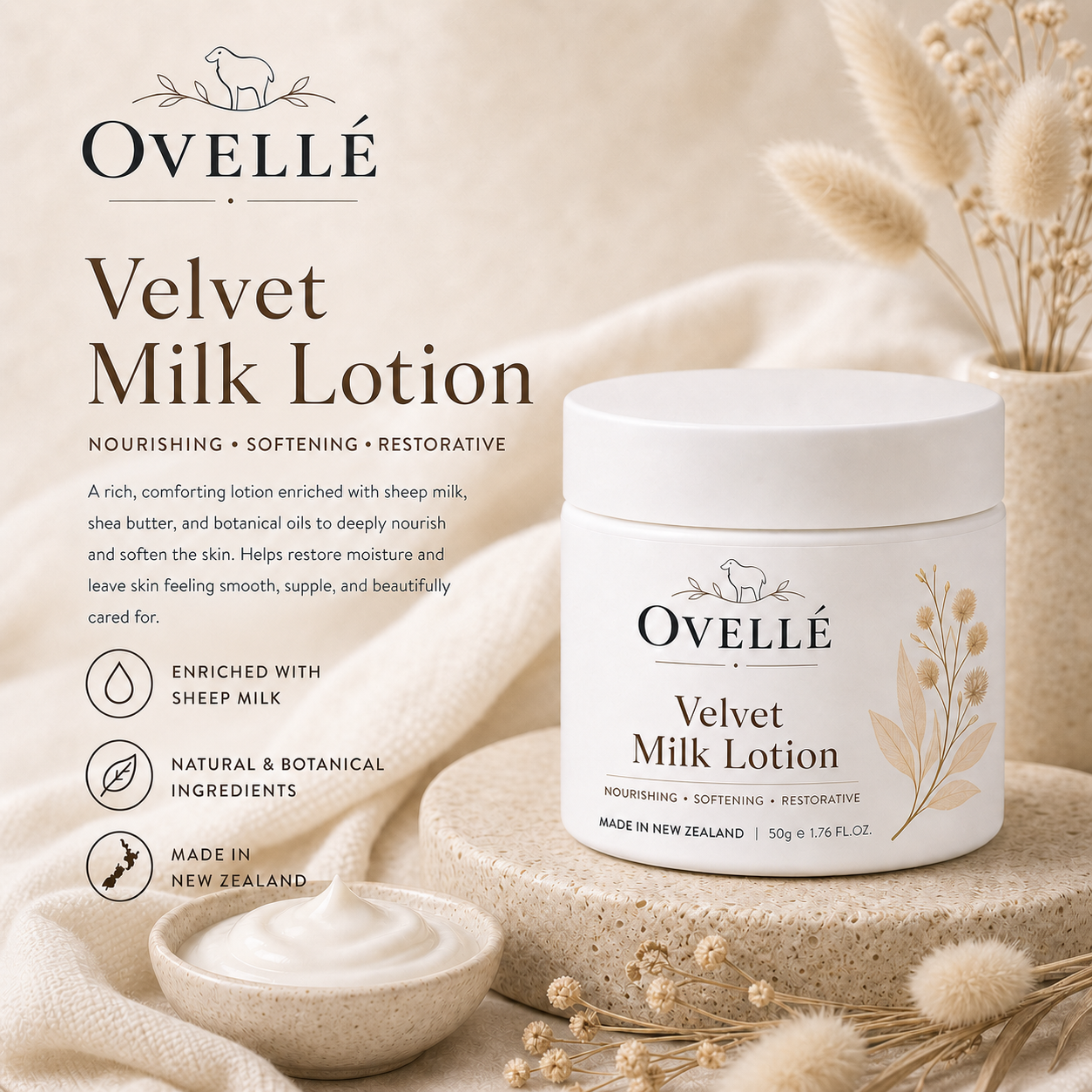 Ovellé Velvet Milk Lotion bottle with creamy white lotion, smooth textured packaging, and soft, luxurious branding.