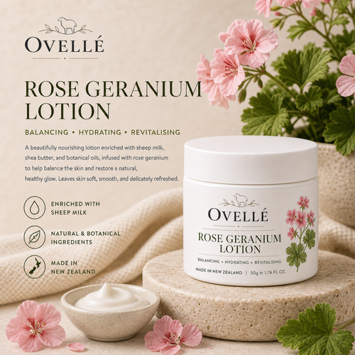 Ovellé Rose Geranium lotion with a pink and white label, showcasing a luxurious skincare product for gentle hydration.